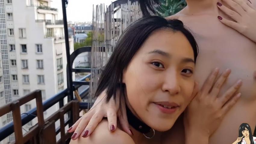 中国美女留学生在巴黎阳台上玩3P封面图